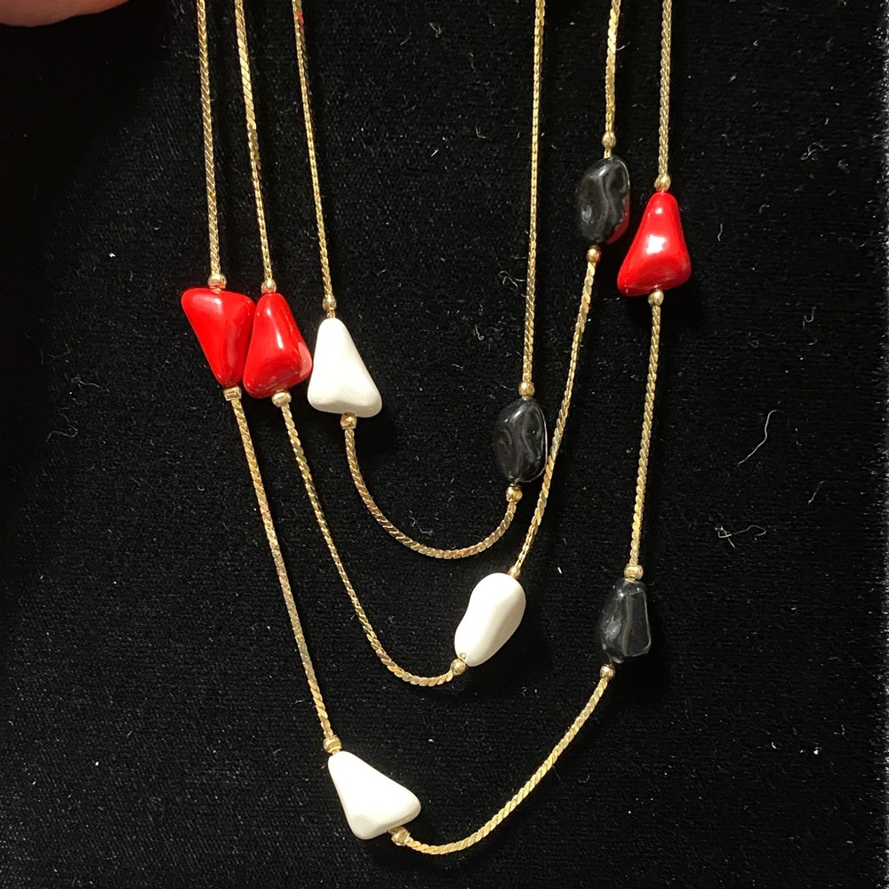 Elegant vintage 20” three tier Gold Necklace with Red, Black, and White Accents